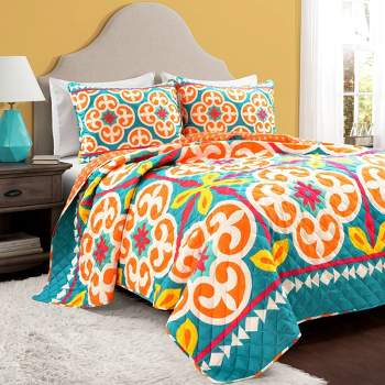 Boho Floral Reversible Oversized Quilt & Sham Set Turquoise/Orange - Lush Décor
