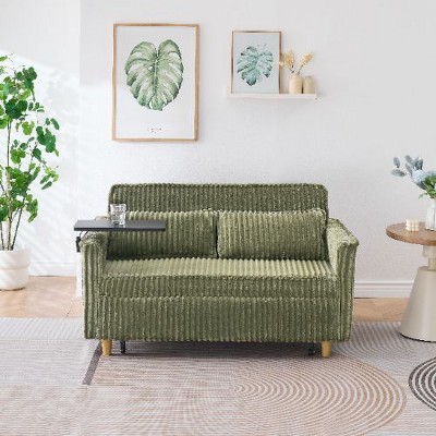 CAVINAS Pull-Out Sofa with 2 Plush Throw Pillows, Equipped with a Movable Tabletop and Usb Ports, Corduroy Loveseat Sofa Bed with Adjustable Backrest