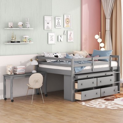 NicBex Full Size Loft Bed with Movable Desk Pine Bed Frame with Drawers, Shelves, Ladder and Full Length Guardrail, No Box Spring Required