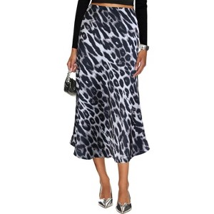 Cheetah Print Satin Midi Skirt - Women's High Waist A-Line Skirt with Elastic Waistband Leopard Grey - 1 of 4
