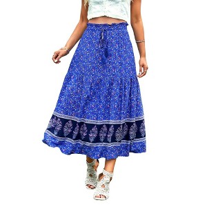 Women's Boho Floral Skirt Casual Drawstring Elastic High Waist Pleated Maxi Skirts Flowy A Line Beach Long Skirt - 1 of 4