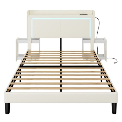 Vlsrka Queen Bed Frame with LED lights and charging station, upholstered storage headboard with nightstand, no box spring, quiet, easy assembly.