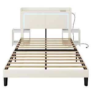 Vlsrka Queen Bed Frame with LED lights and charging station, upholstered storage headboard with nightstand, no box spring, quiet, easy assembly. - 1 of 4