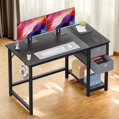 GlasFlength Desks Computer Desk with Drawers, Office Desk with Storage Shelf Headphone Hook for Students Study Writing Table, Black, 47 In