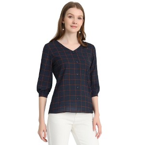 INSPIRE CHIC Women's V Neck 3/4 Sleeves Ligthweight Check Plaid Blouses - 1 of 4