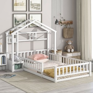 NicBex Twin Size Wood Montessori Bed with House Shape Headboard,Floor Bed with Nightstand and Guardrails,Modern Toddler Bed for Bedroom,White - 1 of 4