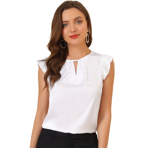 Allegra K Women's Round Neck Cut Out Front Solid Pleated Cap Sleeve Blouse  White Large