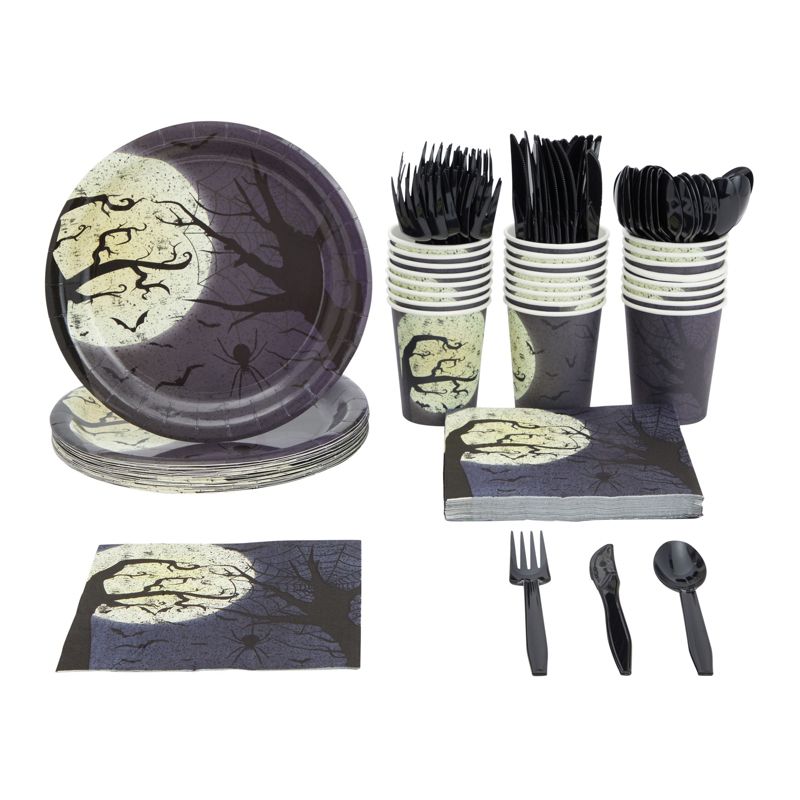 Blue Panda 144 Pieces Full Moon Halloween Party Supplies, Paper Plates, Napkins, Cups, Cutlery (Serves 24), 1 of 9