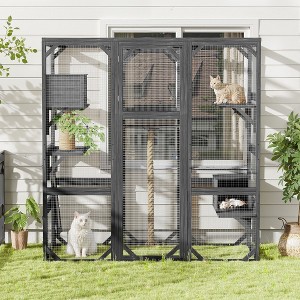 Weatherproof Outdoor Cat Catio with 2 Condos & Platforms, DIY Enclosure for 1¨C3 Cats, Dark Grey - Nertpow - 1 of 4