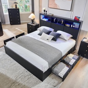 King Size Bed Frame with Headboard, Modern Wooden Platform Bed Frame with Lights & Charging Station & Drawers, No Box Spring Needed - 1 of 4