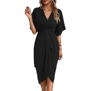 Coolmee Women's Summer V Neck Batwing Short Sleeve Twisted Slit Wrap Maxi Dress Casual High Waist Pleated Long Dress - 1 of 4