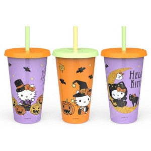 Zak Designs 3pc 25 fl oz Glow in the Dark Hello Kitty Polypropylene Tumbler Set Purple/Orange - 1 of 4