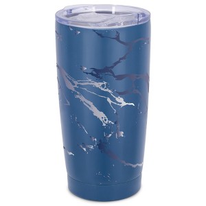 Elanze Designs 20 oz Stainless Steel On the Go Insulated Travel Tumbler With Push Top Lid, Navy Blue Marble Print Blue - 1 of 4