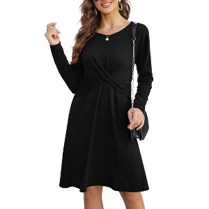 Clearlove Women's Convertible Cross Waist Midi Dress Long Sleeve Stretch Knit Dress with Wrap Detail - 1 of 4