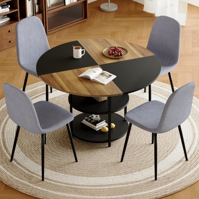 5 Piece Dining Set Splicing Round Dining Table Set Kitchen Table Set with 4 Dining Chairs&Double-layer Storage Table-ModernLuxe