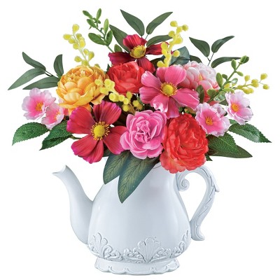 Collections Etc Colorful Artificial Floral Arrangement with Teapot Vase