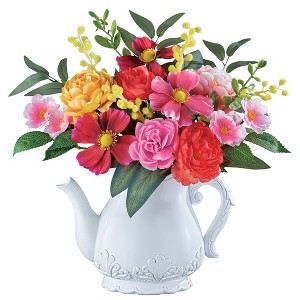 Collections Etc Colorful Artificial Floral Arrangement with Teapot Vase - 1 of 2