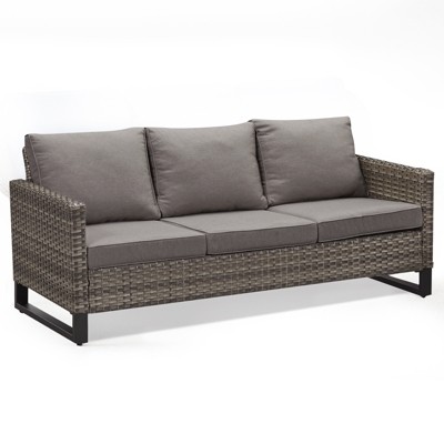 POCASSY 74.4" Outdoor Wicker Couch with Metal Armrest, 3-Seater Couch with Square Armrest Gray Wicker Patio Furniture Sofa for Porch Balcony