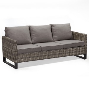 POCASSY 74.4" Outdoor Wicker Couch with Metal Armrest, 3-Seater Couch with Square Armrest Gray Wicker Patio Furniture Sofa for Porch Balcony - 1 of 4
