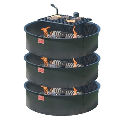 Pilot Rock 3 Pack 30 Inch Heavy Duty Steel Ground Fire Pit Ring Insert Liner & Metal Cooking Grate for Grilling, Camping, & Backyard Bonfires, Black
