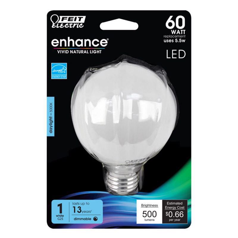 Feit Electric Enhance G25 E26 (Medium) Filament LED Bulb Daylight 60 Watt Equivalence 1 pk, 1 of 2