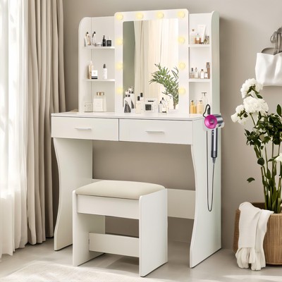Sapphtopaz Vanity Desk with Mirror and Lights Dressing Table with Drawer, Storage Cabinet, 3 Adjustable Lighting Colors for Bedroom