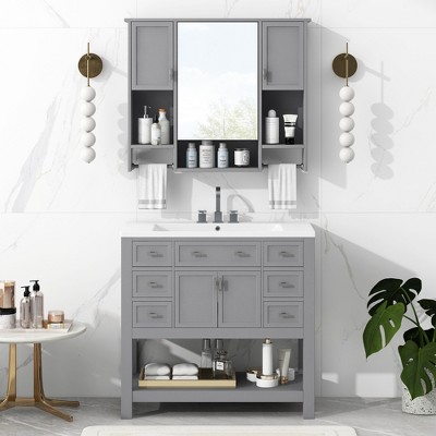 Akoasm Bathroom Storage Cabinet +Mirror Vanity With Top Sink With Towels Bar, Drawers & Soft Doors-Gray
