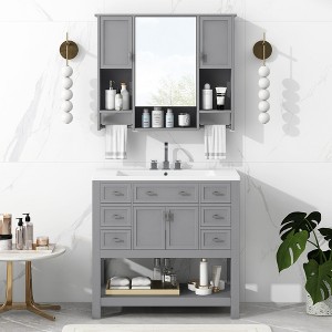 Akoasm Bathroom Storage Cabinet +Mirror Vanity With Top Sink With Towels Bar, Drawers & Soft Doors-Gray - 1 of 4