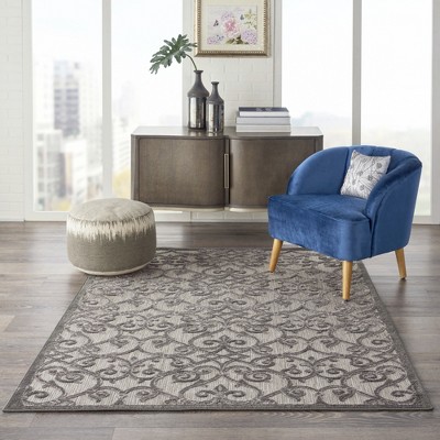 Aloha Floral Grey Charcoal Round 43" Synthetic Outdoor Rug