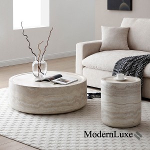 Faux MARS Pattern Round Coffee Tables, Faux Travertine Textured Side Table for Living Room - ModernLuxe - 1 of 4