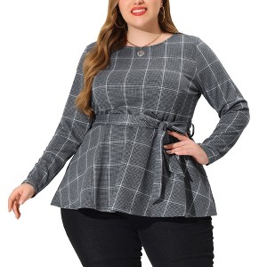 Women's Plus Size Houndstooth Formal Outfits Plaid Tie Waist Workwear Blouses - Agnes Orinda - 1 of 4