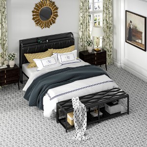 VECELO Full/Queen Size Upholstered Bed Frame with Storage End of Bed Bench, Platform Bed with Headboard & Charging Station, Black - 1 of 4