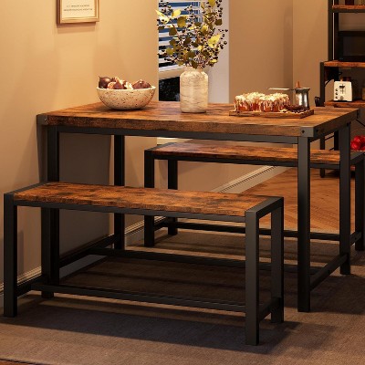 3 Piece Dining Table Set for 4 with Space-Saving Benches, Tabletop, Steel Frame, Modern Farmhouse Kitchen Table for Small Spaces