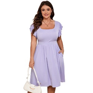 Whizmax Women Plus Size Midi Dress Short Ruffle Sleeves High Waist Casual Summer Dress with Pockets - 1 of 4