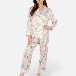 Anna-Kaci Lounge Women's Satin Floral Pajama Set with Long Sleeve Notched Collar Button-Up Top and Relaxed Fit Full-Length Pants - 1 of 4