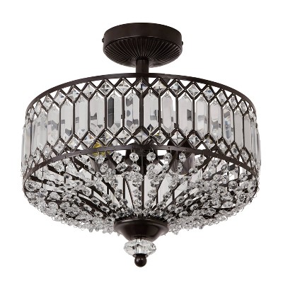 15.25" Glass & Metal Tiered Jeweled Semi Flush Mount Ceiling Light - River of Goods: Antique Bronze Finish, K-9 Crystals