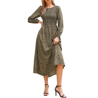 INSPIRE CHIC Women's Floral Smocked Long Puff Sleeve A-Line Summer Boho Maxi Dresses