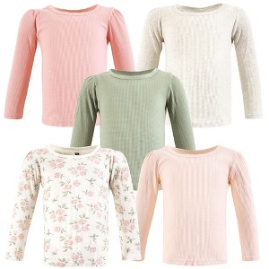 Hudson Baby Infant Girl Thermal Long Sleeve Tees 5pk, Soft Pink Sage Rose - 1 of 4