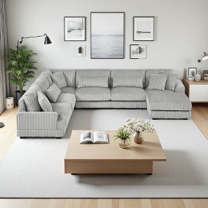 129" Corduroy U-Shaped Sectional Sofa with Chaise & Pillows - 1 of 4