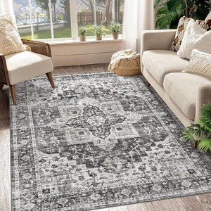 Acekool 9x12 Washable Area Rug, Soft Non-Slip Oriental Medallion Carpet, No Shedding Large Floor Mat for Living Room Bedroom Dining Room, Grey - 1 of 4