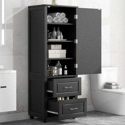 Hrinhom 23"W Tall Bathroom Cabinet,Freestanding Storage Cabinet with Two Drawers and Adjustable Shelf