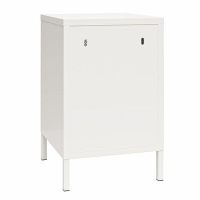 White Metal End Table with Perforated Mesh Door and Storage