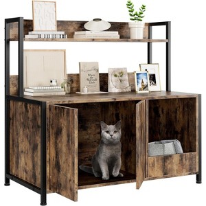 Cat Litter Box Enclosure with Shelves, 2-in-1 Hidden Litter Box Furniture Cabinet with Doors, Scratching Pad, and Storage, Indoor Wooden Cat Washroom - 1 of 4