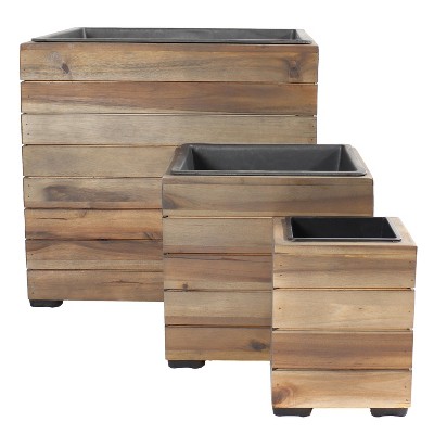 Sunnydaze Indoor/Outdoor Square Acacia Wood Planter Box with Plastic Liner - 3pk