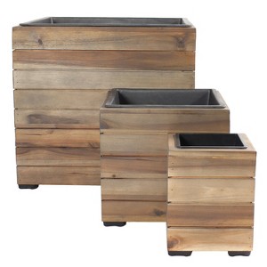 Sunnydaze Indoor/Outdoor Square Acacia Wood Planter Box with Plastic Liner - 3pk - 1 of 4