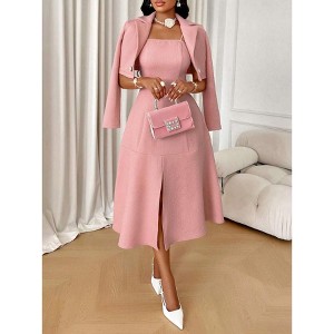 Mocamel Women's Solid Color Textured Short Coat with A- Strap dress 2 Piece Elegant French Fashion Set - 1 of 4