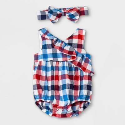 Image of Baby Girls' Family Plaid Romper - Cat & Jack™ Blue 6-9M