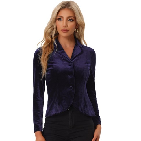 Unique Bargains Women's Button Front Velvet Blazer Lapel Office Crop Suit  Jacket 