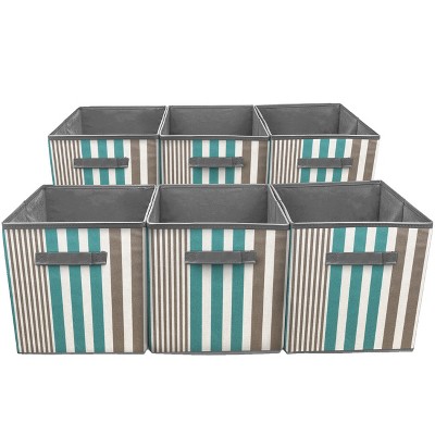 Aqua and Gray Striped Collapsible Fabric Storage Cubes - 6 Pack