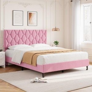 Bed Frame with Upholstered Headboard - Heavy-Duty Platform Bed Frame with Strong Wood Slats, No Box Spring Needed, Noise Free, Easy Assembly - 1 of 4